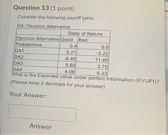 rc Question 13 (1 point) Consider the following payoff table: DA: Decision Alternative. State of Nature Decision Alternative