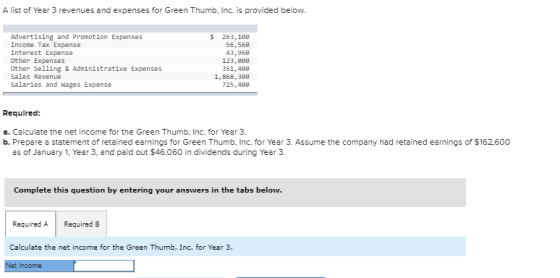 A list of Year 3 revenues and expenses for Green Thumb, Inc. is provided below. $ Advertising and Promotion Expenses Income T