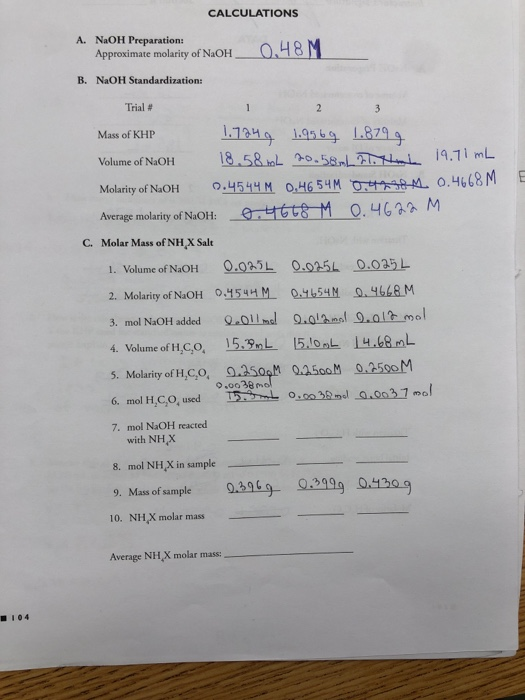 CALCULATIONS A. NaOH Preparation: Approximate molarity of NaOH 0.48 M B. NaOH Standardization: Trial # Mass of KHP E 1.7249 1