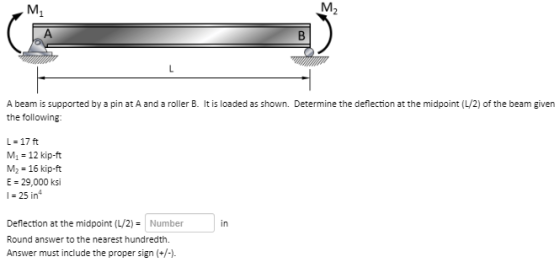A beam is supported by a pin at A and a roller B. It is loaded as shown. Determine the deflection at the midpoint (1/2) of th
