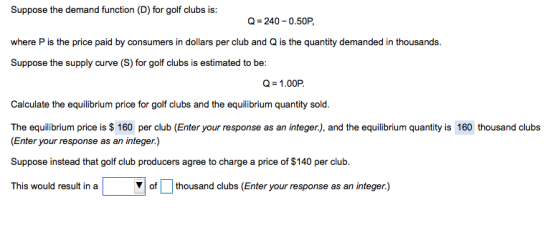 Suppose the demand function (D) for golf clubs is: Q-240-0.50P where P is the price paid by consumers in dollars per club and Q is the quantity demanded in thousands. Suppose the supply curve (S) for golf clubs is estimated to be: Q-1.00P. Calculate the equilibrium price for golf clubs and the equilibrium quantity sold. The equilibrium price is $ 160 per club (Enter your response as an integer.), and the equilibrium quantity is 160 thousand clubs (Enter your response as an integer.) Suppose instead that golf club producers agree to charge a price of $140 per club. This would result in a ofthousand clubs (Enter your response as an integer)