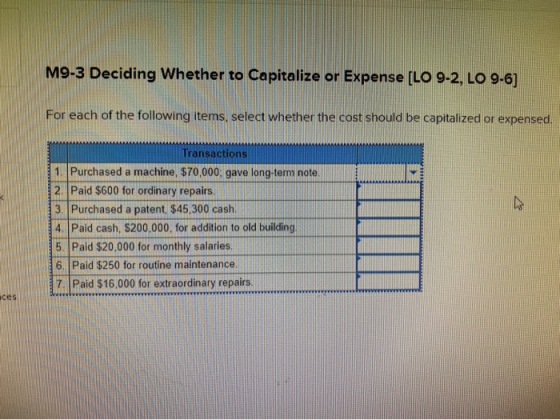 M9-3 Deciding Whether to Capitalize or Expense [LO 9-2, LO 9-6] For each of the following items, select whether the cost shou
