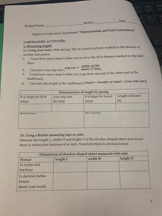 Section Date Student Name Report on Laboratory Experiment Measurements and Unit Conversions LABORATORY ACTIVITIES: 1. Measu