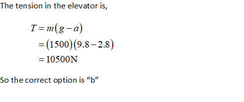 The tension in the elevator is T-m(g -a) (1500) (9.8-28) - 10500N So the correct option is b