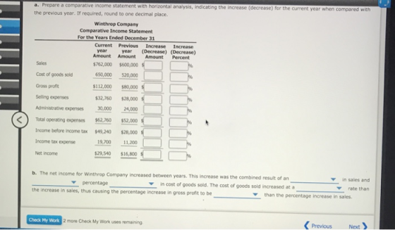 a. Prepare a comparative income statement with horizontal analysis, indicating the increase (decrease) for the current year w