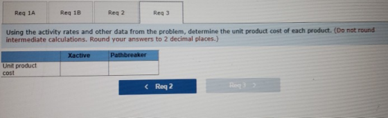 Req 1A Reg 1B Req 2 Reg 3 Using the activity rates and other data from the problem, determine the unit product cost of each p