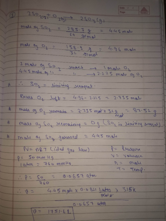 Date 250 zegt og 250g (gi molley so = 285.3g = 4:45 male 64 simot mole a oq 158.9 g 4.96 mol 32 Simol 12 mol oy so act Imole