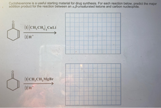 Cyclohexenone is a useful starting material for drug synthesis. For each reaction below, predict the major addition product f
