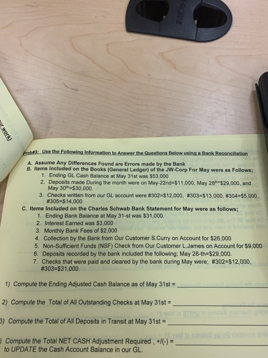 wir work) Prob#3: Use the following Information to Answer the Questions Below using a Bank Reconciliation A. Assume Any Diffe