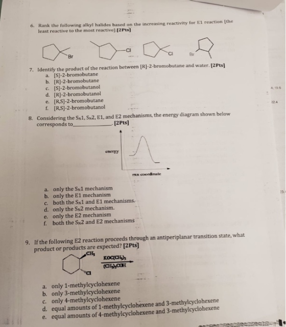 6. Rank the following alkyl halides based on the increasing reactivity for El reaction the least reactive to the most reactiv