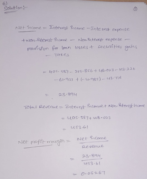 6) solution: Net income = Interest income - Interest expense tron-interest income - Non interest expense - provision for loan