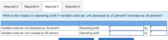 Required A Required B Required C Required D What is the impact on operating profit if variable costs per unit decrease by 15