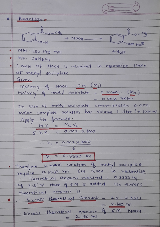 Reaction The-che + NaOH de na MW : 152.149 mol +H2O ME C&H 803 I mole of Haon is required to hautsalise Imole of methyl sonic