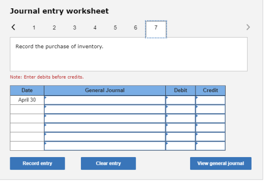 Journal entry worksheet < 1 2 3 4 5 6 Record the purchase of inventory. Note: Enter debits before credits. Date General Journ