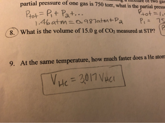 mig allture of two gas partial pressure of one gas is 750 torr, what is the partial pressu Prot=P,+ Pat... Ptot=1 1.46atm=0.9
