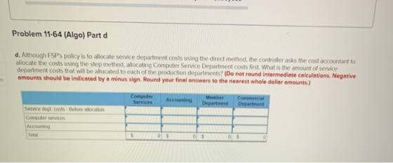 Problem 11-64 (Algo) Part d d. Although FSPs policy is to allocate service department costs using the direct method, the con