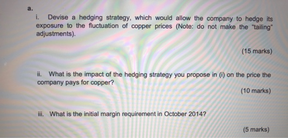 a. i. Devise a hedging strategy, which would allow the company to hedge its exposure to the fluctuation of copper prices (Not