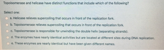 Topoisomerase and helicase have distinct functions that include which of the following? Select one: a. Helicase relieves supe