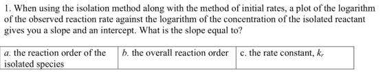 1. When using the isolation method along with the method of initial rates, a plot of the logarithm of the observed reaction rate against the logarithm of the concentration of the isolated reactant gives you a slope and an intercept. What is the slope equal to? a. the reaction order of the b. the overall reaction orderc. the rate constant, kr isolated species