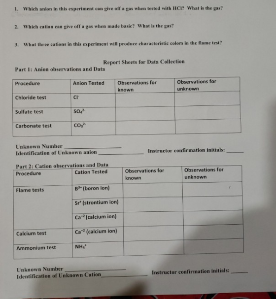 1. Which anion in this experiment can give off a gas when tested with HCI? What is the gas? 2. Which cation can give off a ga