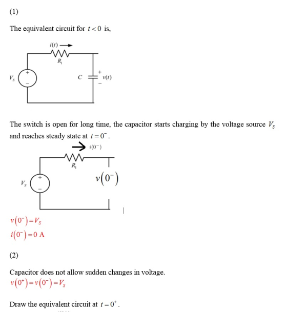 The equivalent circuit for t<0 is, The switch is open for long time, the capacitor starts charging by the voltage source หุ่ and reaches steady state at t = O- i(0-) i(0)0 A Capacitor does not allow sudden changes in voltage. Draw the equivalent circuit at t0