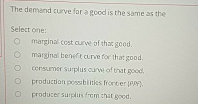 The demand curve for a good is the same as the Select one: o marginal cost curve of that good. o marginal benefit curve for t