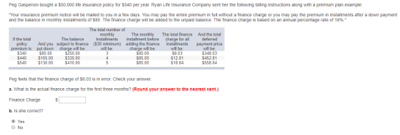 Peg Gasperoni bought a $50,000 life insurance policy for $340 per year. Ryan Life Insurance Company sent her the following bi