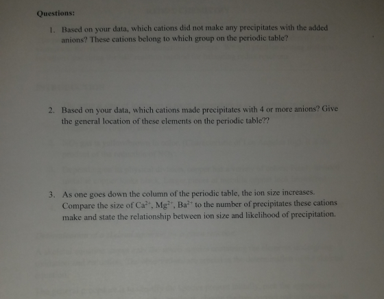 Questions: 1. Based on your data, which cations did not make any precipitates with the added anions? These cations belong to