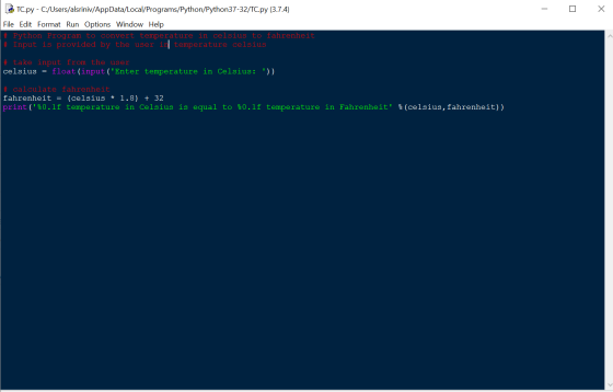 - O X ETC.py - C:/Users/alsriniv/AppData/Local/Programs/Python/Python37-32/TC.py (3.7.4) File Edit Format Run Options Window