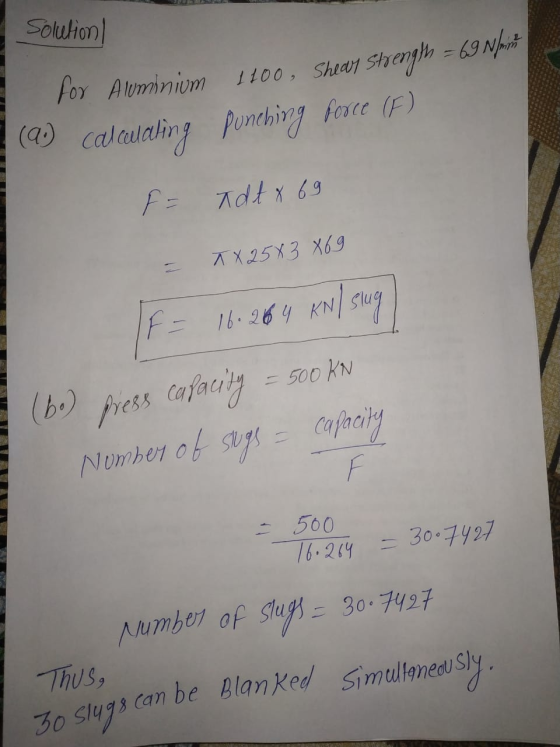 Solution fo Aluminium (9) calculating 1100, Shear strength = 69 Nuit punching force (F) F = Tdt 8 69 XX 25 X3 X69 F = 16.264
