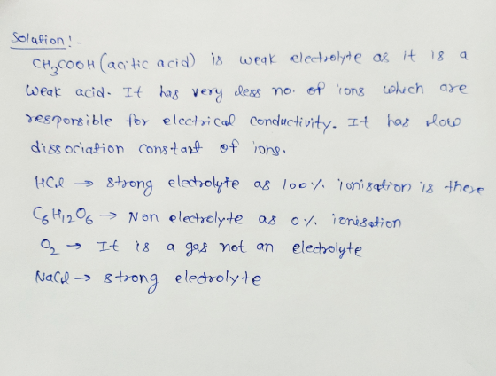 Solution ! CH2COOH (actic acid) is weak electrolyte as it 18 a weak acid. It has very dess no. of ions which are responsible