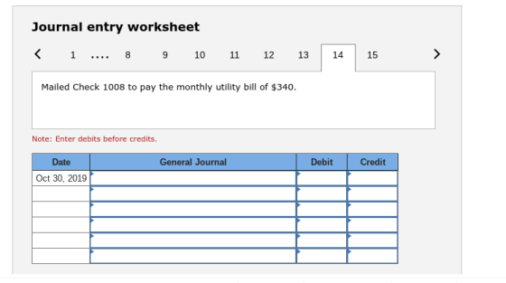 Journal entry worksheet 1 8910 11 12 13 14 15 Mailed Check 1008 to pay the monthly utility bill of $340 Note: Enter debits before credits. Date General Journal Debit Credit Oct 30, 2019