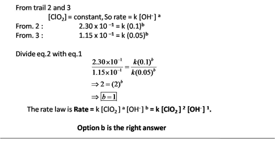 From trail 2 and 3 [COJ = constant, So rate = k [OH-] a From. 2 From. 3 2.30 x 10-1 = k (0.1)b 1.15 x 10-1-k (0.05)b Divide e