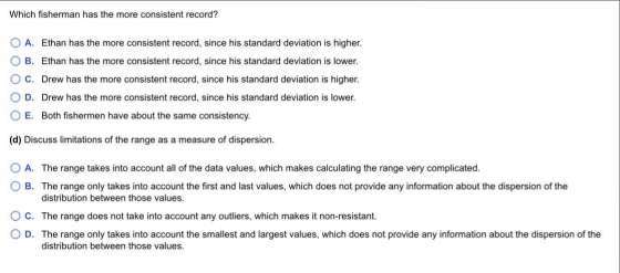 Which fisherman has the more consistent record? O A. Ethan has the more consistent record, since his standard deviation is hi