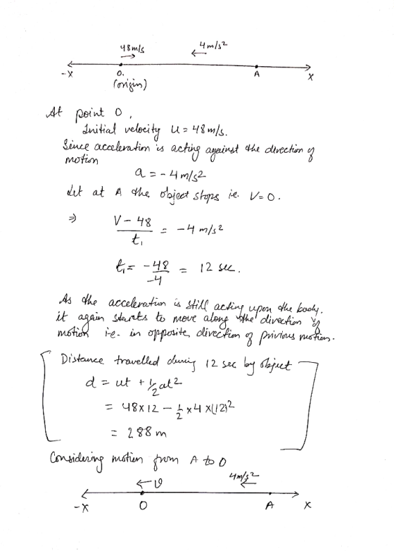 48 mis 4 m/s? rorigin) At point o, Initial velocity U= 48 m/s. Since acceleratim is acting against the direction og motion (