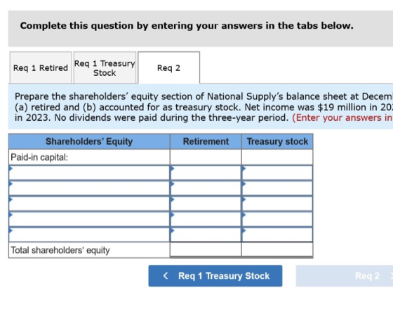 Complete this question by entering your answers in the tabs below. Req 1 Retired Req 1 Treasury Req 2 Stock Prepare the share