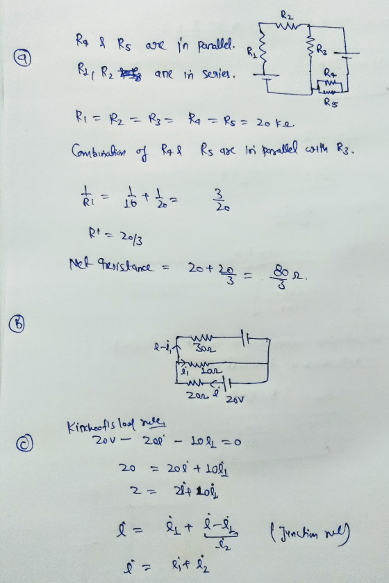 R2 Ra & Rs are in parallel. R2 R₂ & are in series. Lun R3 Ra Lw R5 Ri= R₂ = Rz= Ra Rs = 20 kr Combination of Raf Rs are loi p