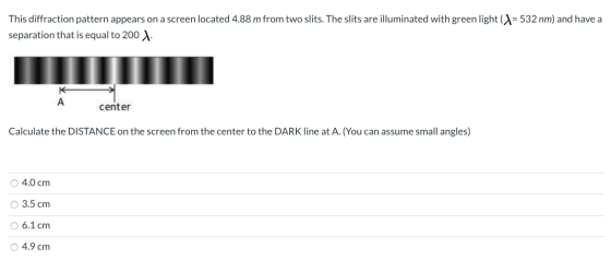 This diffraction pattern appears on a screen located 4.88 m from two slits. The slits are illuminated with green light (X= 53