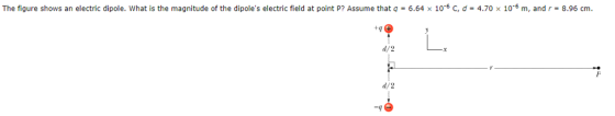 The figure shows an electric dipole. What is the magnitude of the dipoles electric field at point P7 Assume that q-6.64 x 106 C, d-4.70x 10 m, and r-8.96 cm d/2 d/2 -7