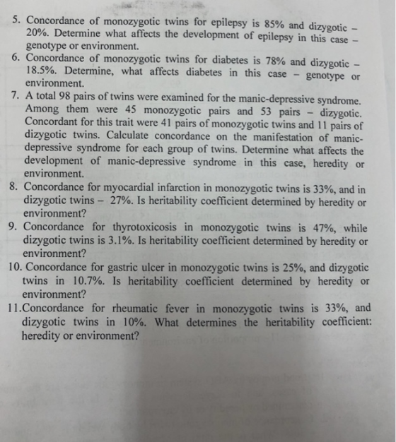 5. Concordance of monozygotic twins for epilepsy is 85% and dizy 20%. Determine what affects th genotype or environment. goti