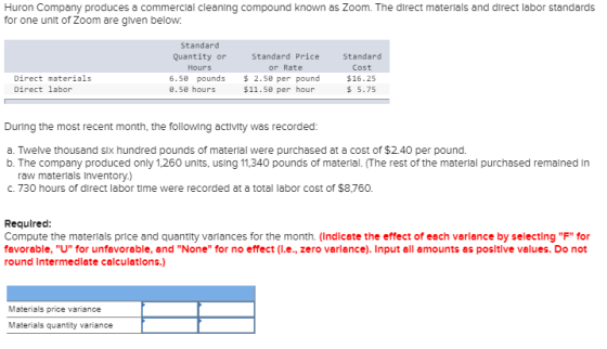 Huron Company produces a commercial cleaning compound known as Zoom. The direct materials and direct labor standards for one