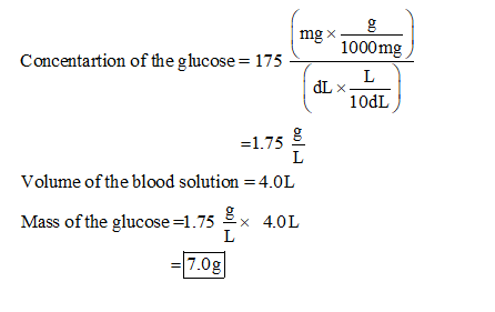 mg 1000mg Concentartion of the ghucose 175 - dL × =1.75 g Volume ofthe blood solution = 4.0L Mass ofthe glucose=1.75 4.0L × =17.0g