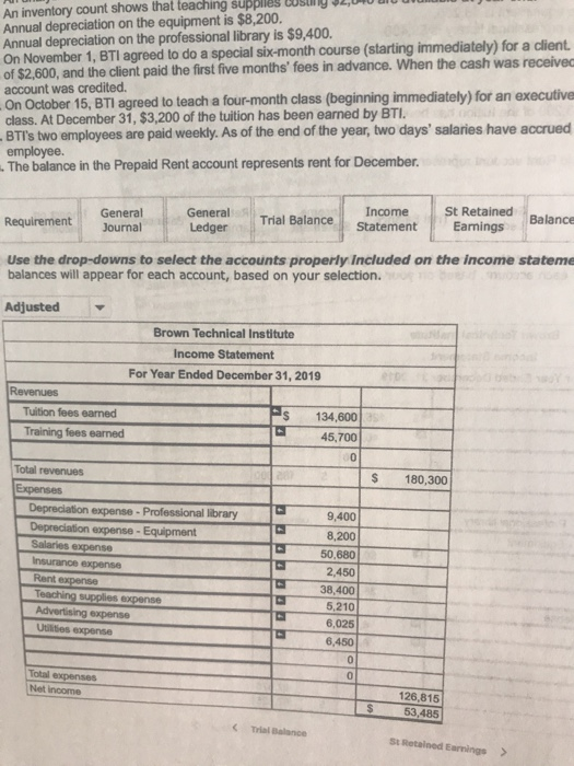 An inventory count shows that teaching supplies Custy 2,UNU UU UUUUU Annual depreciation on the equipment is $8,200. Annual d