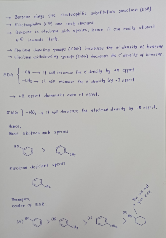 Benzene nings give Elecinophilic substitul ian neactisn (ESR) Electnophiles (Ee) ane +vely chenged -Benzene is electnon nich