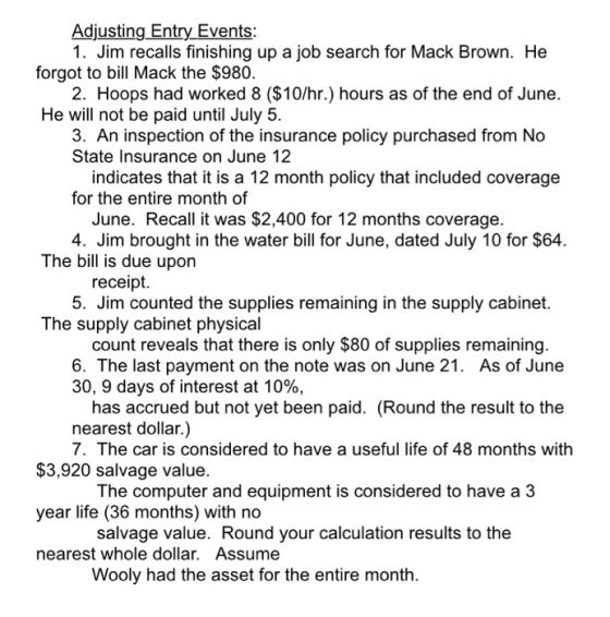 Adjusting Entry Events: 1. Jim recalls finishing up a job search for Mack Brown. He forgot to bill Mack the $980. 2. Hoops ha