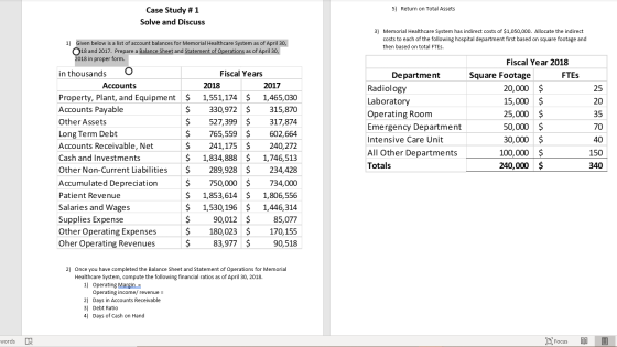 5) Return on Total Assets Case Study #1 Solve and Discuss 3) Memorial Healthcare System has indirect costs of $1,050,000. All