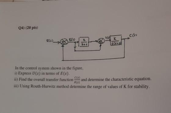 Q4) (20 pts) c(s 5) 2(s) In the control system shown in the figure, i) Express U(s) in terms of E (s). ii) Find the overall t