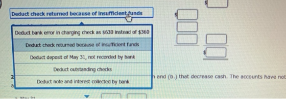 Deduct check returned because of Insufficlent funds Deduct bank error in charging check as $630 instead of $360 Deduct check