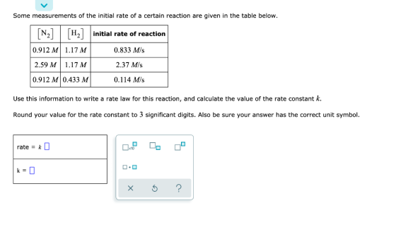 Some measurements of the initial rate of a certain reaction are given in the table below. initial rate of reaction 0.912 M 1.