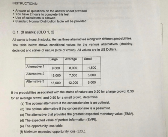 INSTRUCTIONS Answer all questions on the answer sheet provided You have 2 hours to complete this test *Use of calculators is allowed Standard Normal Distribution table will be provided Q 1. (8 marks) [CLO 1, 2] Ali wants to invest in stocks. He has three alternatives along with different probabilities. The table below shows conditional values for the various alternatives (stocking decision) and states of nature (size of crowd). All values are in US Dollars. Large Average Small Alternative 1 9,000 8,000 1,500 5,000 18,000 12,000 6,000 Alternative 2 15,000 7,000 Alternative 3 If the probabilities associated with the states of nature are 0.20 for a large crowd, 0.30 for an average crowd, and 0.50 for a small crowd, determine: (a) The optimal alternative if the concessionaire is an optimist. (b) The optimal alternative if the concessionaire is a pessimist. (c) The alternative that provides the greatest expected monetary value (EMV). (d) The expected value of perfect information (EVPI). (e) The opportunity loss table. (1 Minimum expected opportunity loss (EOL).